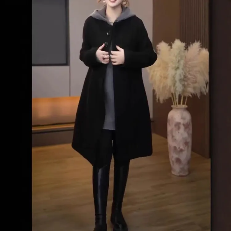 大爱美依缘2025新款简约中长款宽松外套连帽时尚连衣裙显瘦秋冬