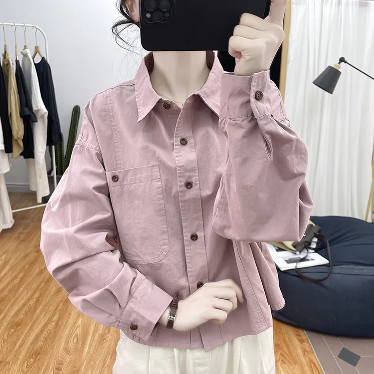 短款纯棉polo领秋季新款港风宽松长袖衬衫女减龄上衣薄款衬衣外套