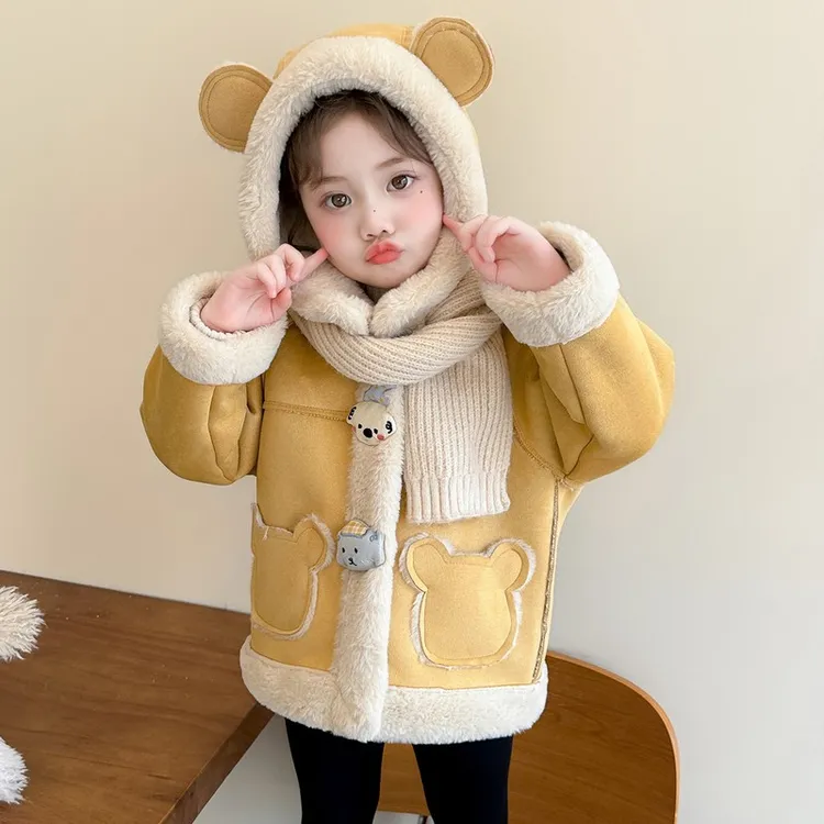 新疆西藏包邮女小童加绒皮毛一体外套秋冬女宝宝加厚保暖冬装儿童