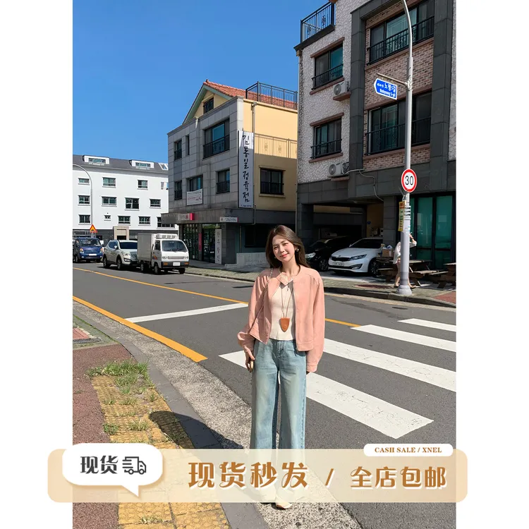 陳文文xenl【建模腿】新款百搭浅色洗水高腰直筒阔腿牛仔裤0088