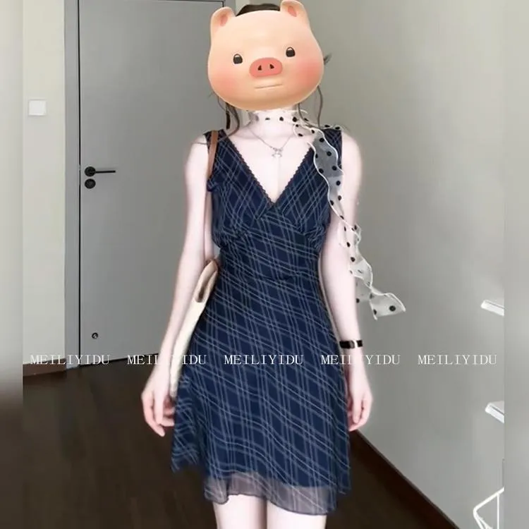 MLYD/定制 大码藏青色格纹印花V领连衣裙法式气质收腰无袖背心裙