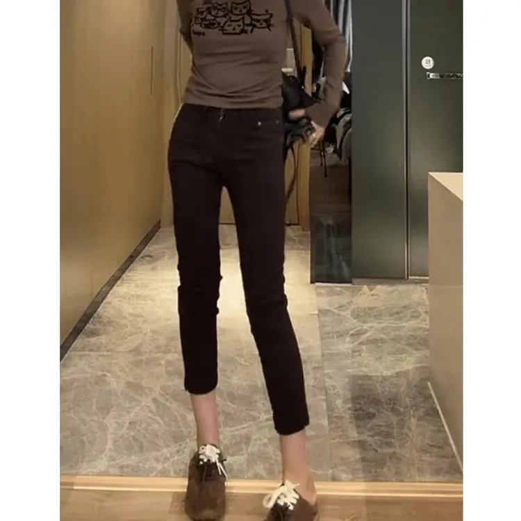 2025秋冬新款薄绒百搭烟管裤女梨形身材小个子弹力显瘦直筒裤子