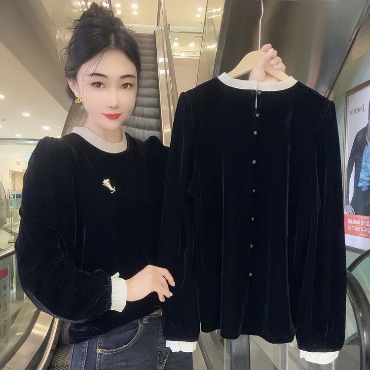 2025秋冬新款法式气质木耳边金丝绒衬衫上衣高级感洋气小衫可外穿