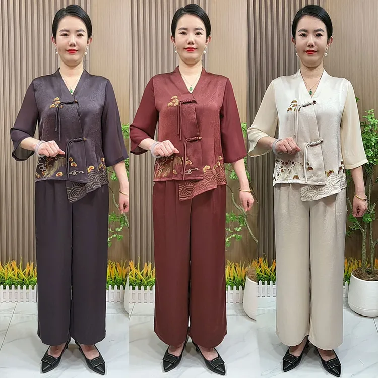 妈妈装夏季国风刺绣套装中老年女装七分袖新中式两件套九分裤子