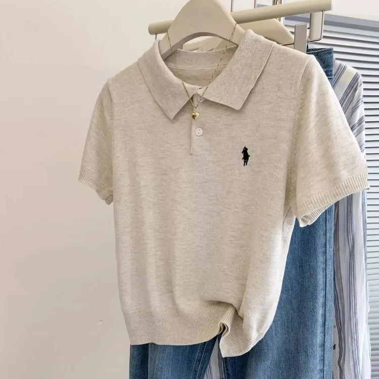 正肩针织polo衫短袖t恤女夏季翻领设计感小众小个子宽松显瘦上衣