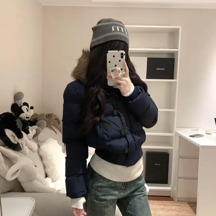 南区菲奥娜韩系藏青大毛领棉服女短款2025冬季加厚棉服小个子外套