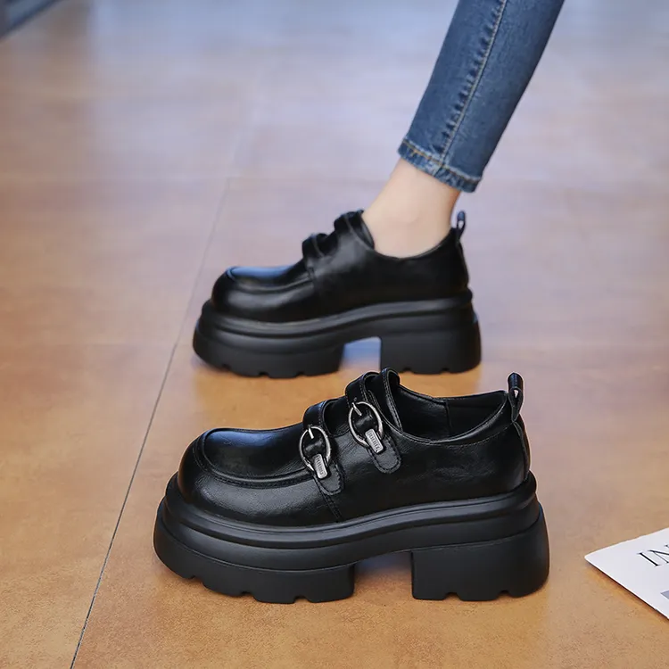 真皮厚底小皮鞋女鞋2025年秋季新款英伦百搭乐福鞋圆头搭扣单鞋女