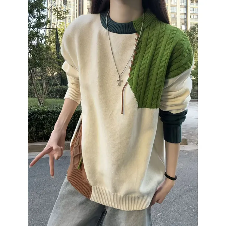 拼接毛衣男款秋冬潮牌高级感圆领线衣美式高街cleanfit情侣针织衫