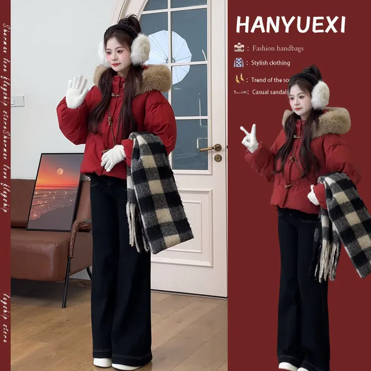 冬季一整套女装2025新款洋气新年红色棉服外套高腰牛仔裤两件套装