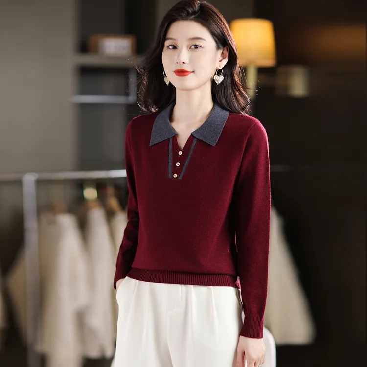 高级感外穿套头POLO假两件上衣大码女装长袖秋冬内搭毛衣针织衫