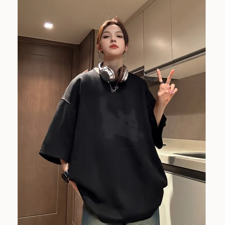 黑色麂皮绒猫咪t恤男款夏季oversize320g重磅情侣短袖高级感半袖