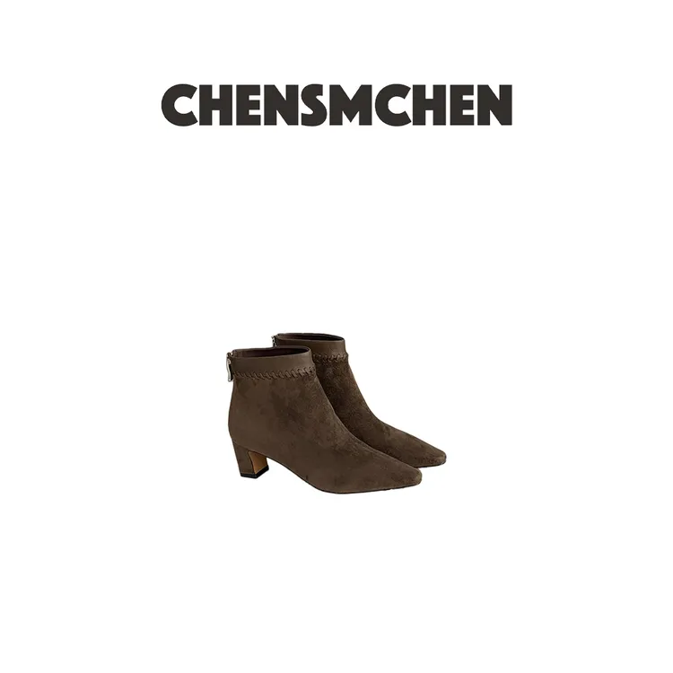 CHENSMCHEN 复古风尖头秋冬粗跟短靴女8019