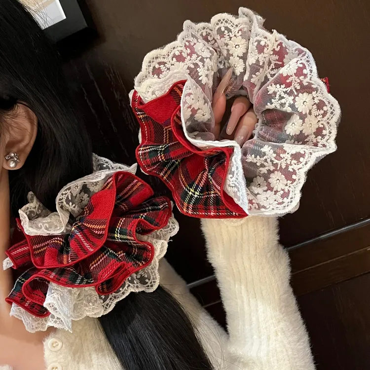 甜美蕾丝双层大肠发圈新年红格纹百搭马尾发圈超大少女丸子头发饰