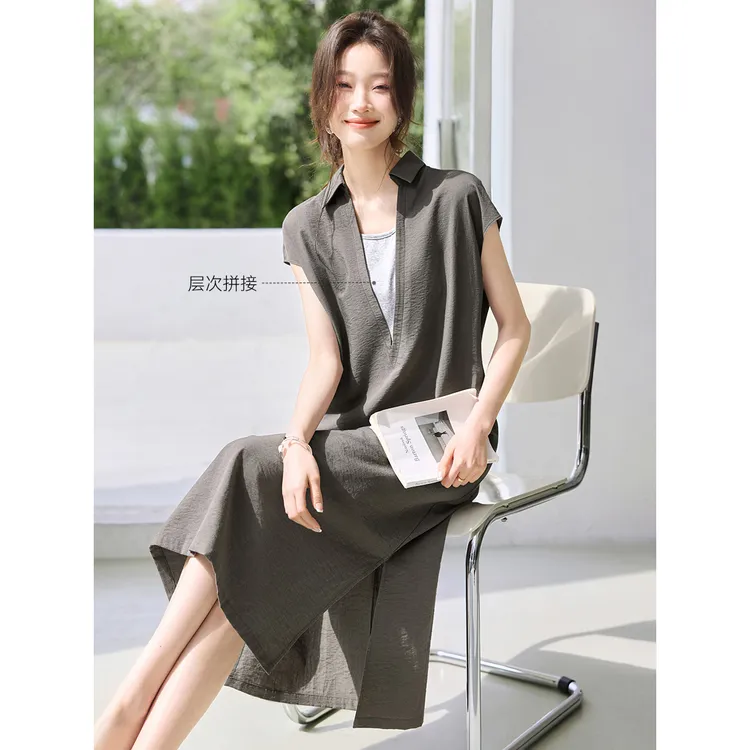 知识分子老钱风裙子2025夏季新款麻假两件无袖连衣裙女