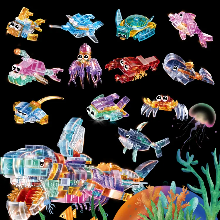 益智玩具透明小颗粒海洋生物拼装积木海洋生物智力水晶积木