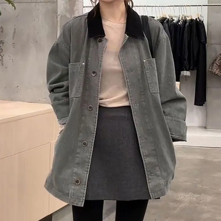 韩国设计感复古撞色翻领工装长袖女2025秋季水洗牛仔夹克短外套