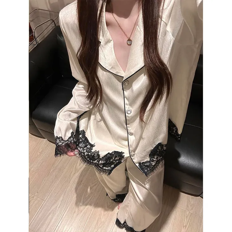 法式轻奢冰丝睡衣女春秋季新款镂空蕾丝边长袖可外穿家居服两件套