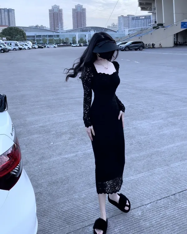 高端气质蕾丝连衣裙修身包臀长袖打底裙9088