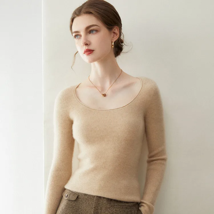 100%纯山羊绒U领女士羊绒衫修身百搭针织一字领打底显瘦常规毛衣