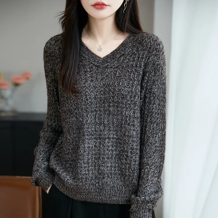 哥弟阿玛施官方秋季新款特种纱编织V领针织衫时尚百搭显瘦上衣女
