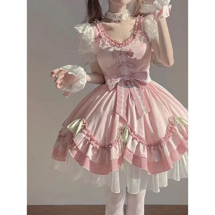 粉色可爱lolita服装女裙子衣服花嫁夏季洋装洛丽塔蕾丝日系公主裙
