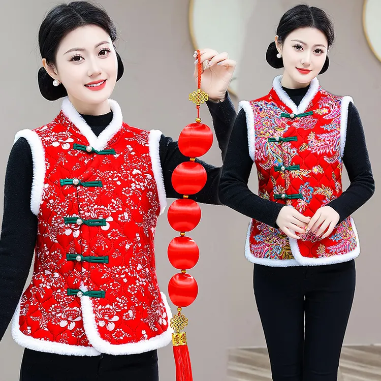 加绒保暖东北大花马甲复古中国风棉袄民族风盘扣喜庆坎肩马夹外穿