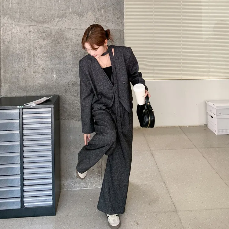 高智感飘带西装阔腿裤2025春秋新款小众韩系轻职风显瘦松弛感套装