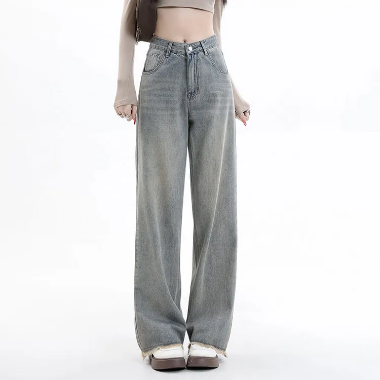 复古怀旧蓝阔腿牛仔裤女2025年新品高腰显瘦毛边设计感直筒拖地裤