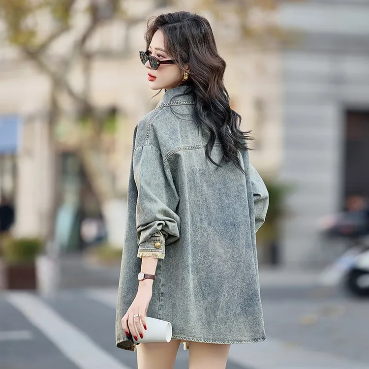 高级感港风牛仔外套女2025春秋爆款中长款美式复古小个子做旧上衣