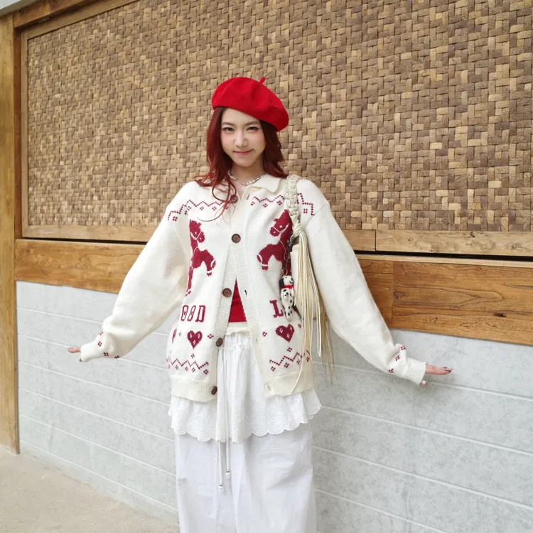 新年氛围感厚款小马针织开衫复古秋季冬季韩系休闲毛衣