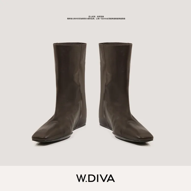 W.Diva【方舟】秋冬牛皮方头内增高短靴复古直筒女骑士靴53X232992