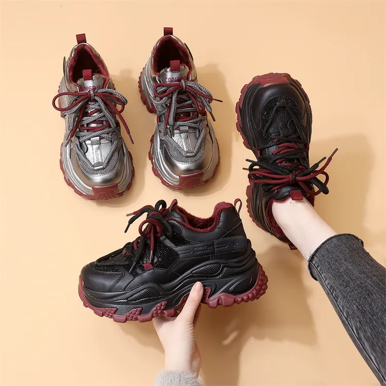 爆款厚底6CM老爹鞋女2025年新款秋冬加绒水钻舒适休闲运动鞋女34