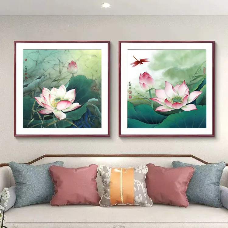 新中式简约荷花装饰画手工立体金箔描金餐厅书房茶室床头墙壁挂画