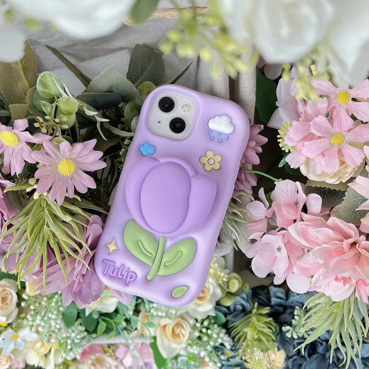 苹果|紫色郁金香支架卡通花朵适用iPhone16女款15ins软硅胶手机壳