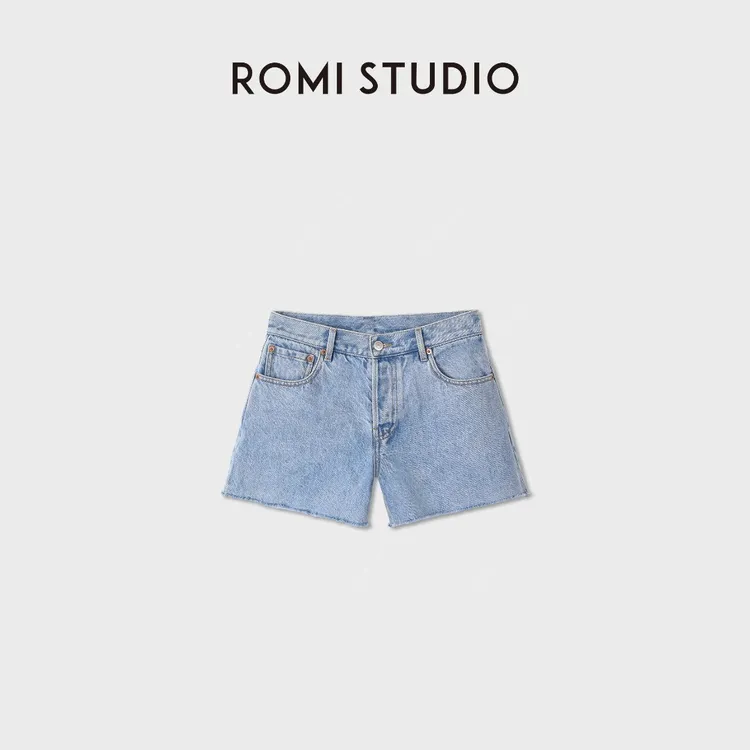 ROMI STUDIO中古感100洗水棉低腰显瘦浅蓝磨边牛仔短裤RWDRX83826