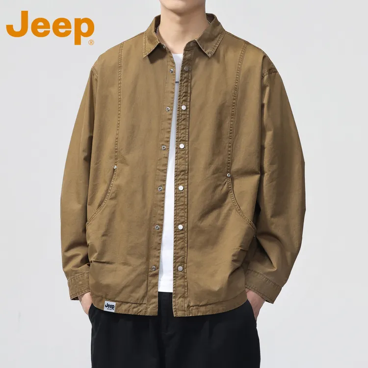 JEEP吉普卡其色纯棉工装衬衫男款春秋季潮流百搭宽松翻领长袖衬衣