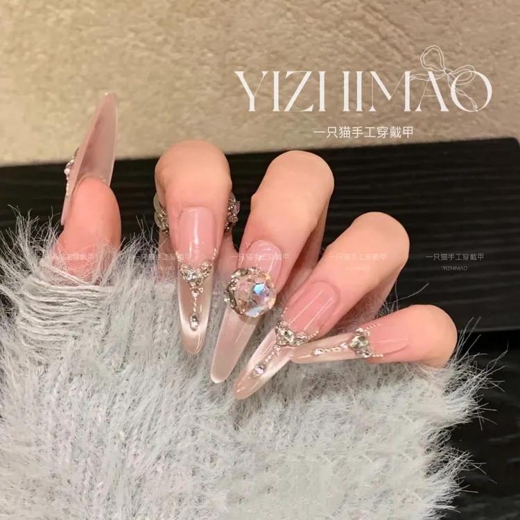 【仙女酵母】喵喵·轻奢冰透裸色微笑猫眼纯手工穿戴甲可拆卸美甲