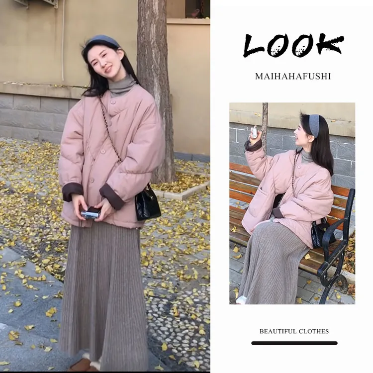 冬季一整套女装2025新款韩版圆领宽松棉服外套打底衫半身裙三件套