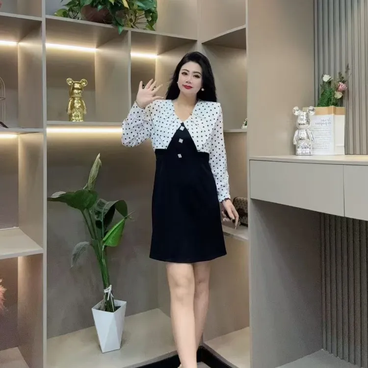 春季连衣裙-檬 8029时尚潮流波点袖洋气纽扣百搭胖MM大码女装新款
