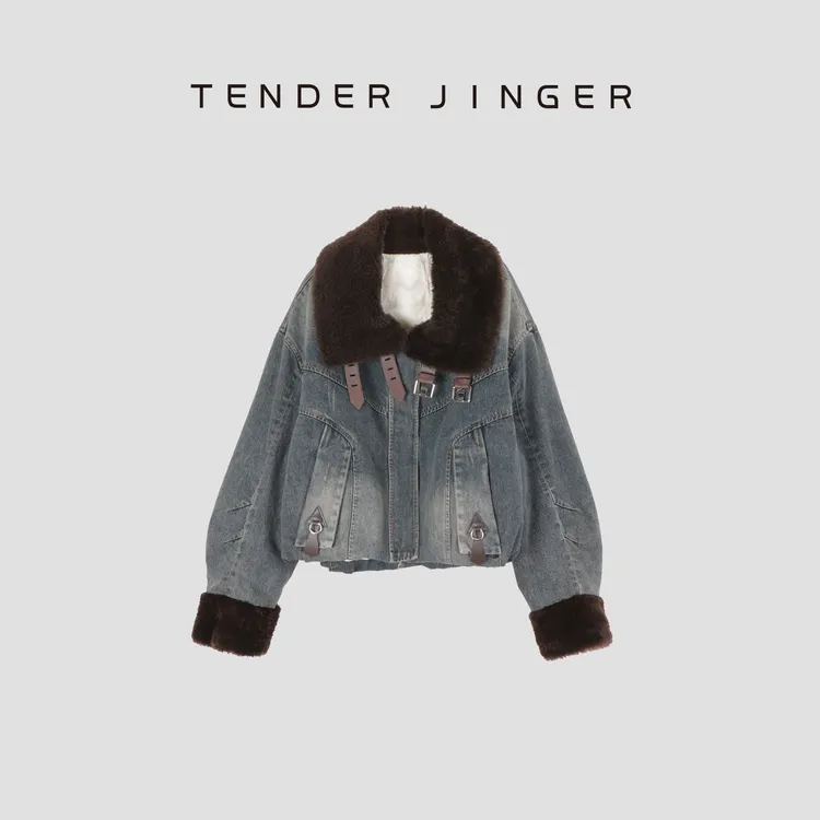 Tender Jinger【黑标】羊毛皮拼接砂洗渐变牛仔鹅绒外套T54XLK41409