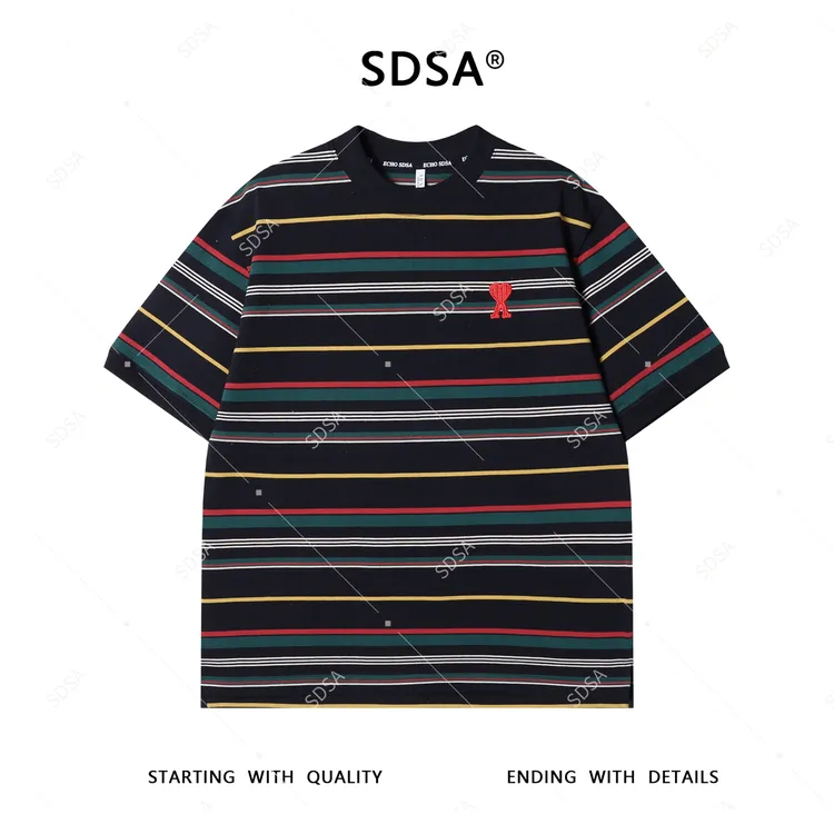 夏季高级感新款男士撞色条纹刺绣爱心字母短袖T恤显瘦圆领上衣潮