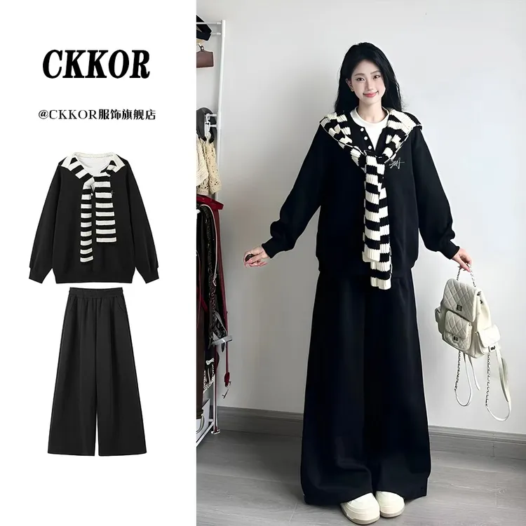CKKOR秋冬新款韩版时尚披肩长袖卫衣慵懒风宽松休闲百搭三件套装
