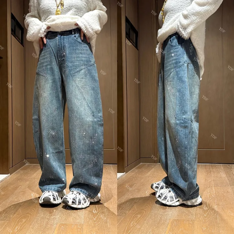 YDFSTUDIO小众【流星裤】欧货早秋重工烫钻拼接剪裁设计百搭牛仔裤