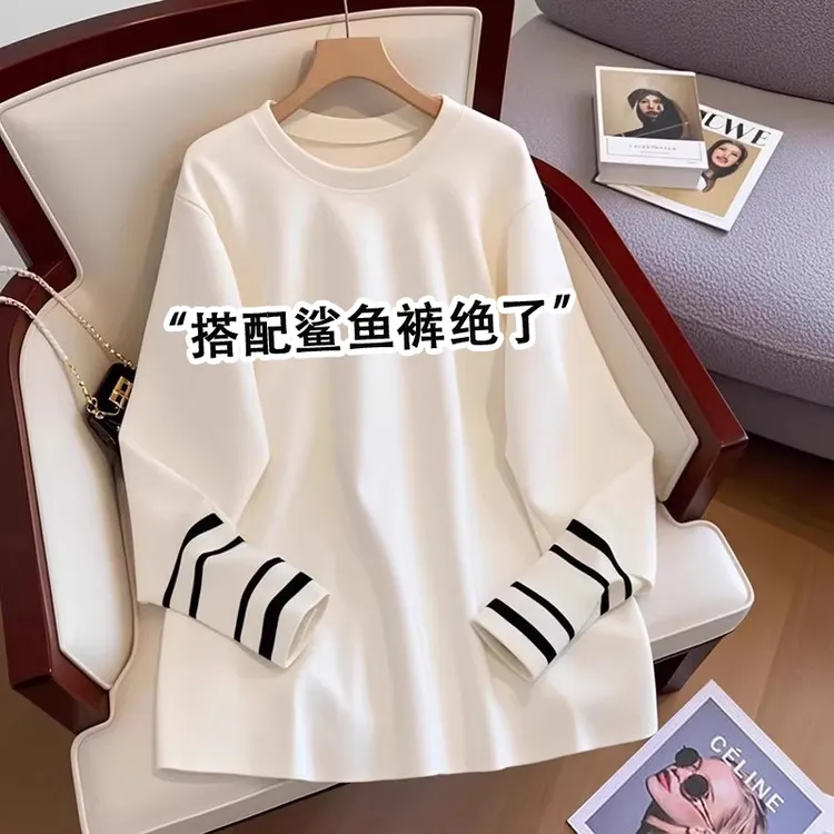 韩版宽松2025新款拼接袖中长款长袖打底衫女百搭休闲上衣ins潮