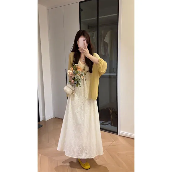 韩系温柔风V领镂空吊带连衣裙女夏季新款宽松显瘦泡泡袖开衫套装