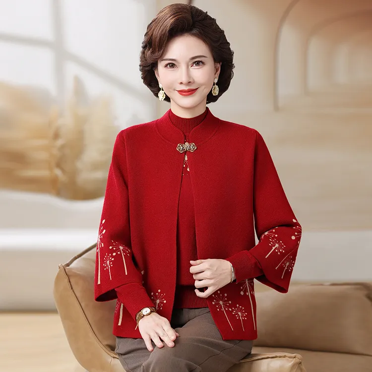2025新款年中老年女秋冬洋气国风两件套装秋装时尚针织开衫QYR316