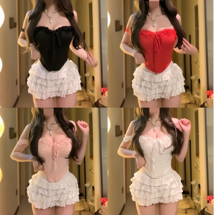 YG2601性感法式蕾丝吊带背心新款女纯欲辣妹一字肩鱼骨抹胸小上衣