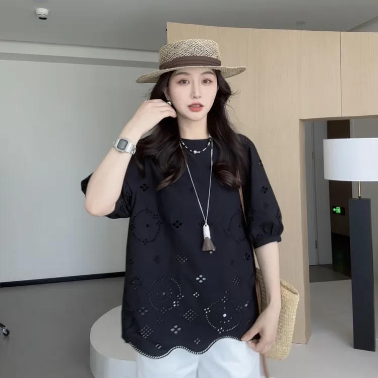 【文艺指南】极简风纯色镂空衬衫时尚休闲小众夏季中长款上衣女防晒