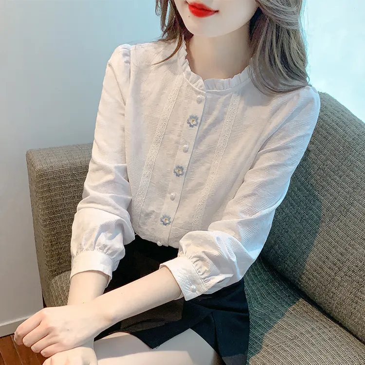 100%棉 2025新款木耳边立领纯棉衬衫女长袖内搭打底衫上衣