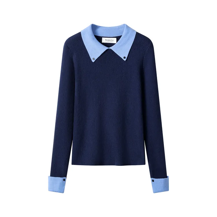 韩版撞色翻领假两件长袖针织衫女秋冬新款修身显瘦内搭气质小上衣